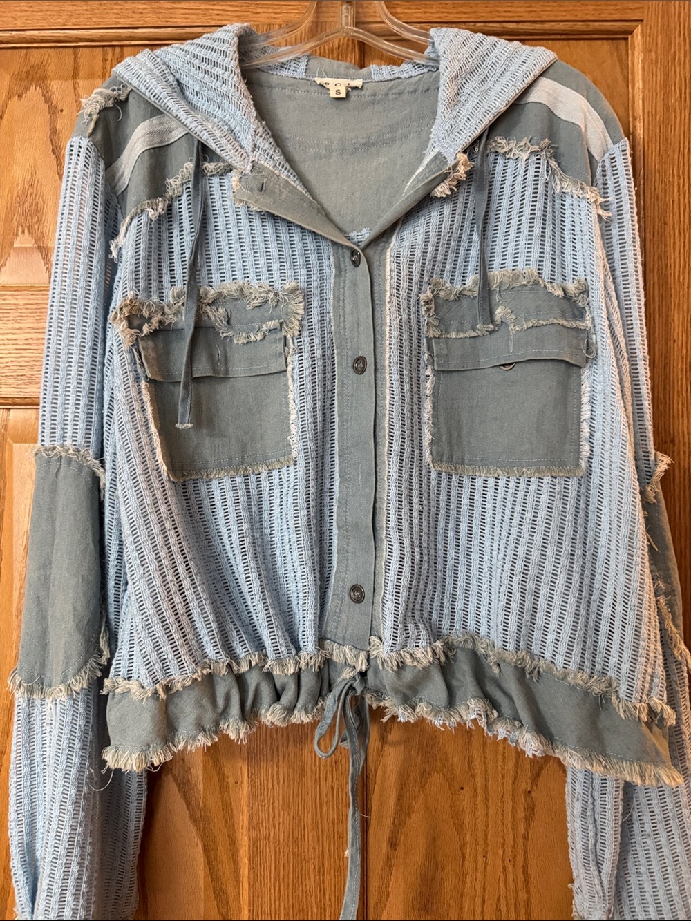 POL Light Blue Distressed Hooded Button-Up Shirt Top Hoodie